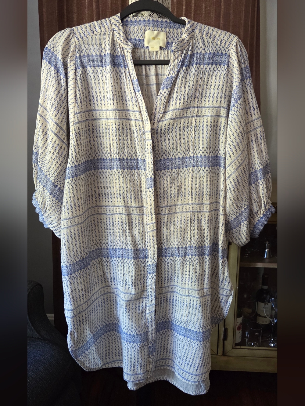 Maeve by Anthropologie  Blue and White Printed V-Neck Tunic
